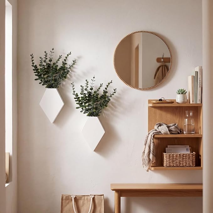 Chunful 2 Pcs Wooden Wall Planter Decor Hanging Fake Plants Greenery Flowers Holder Vase Boxes for Wall Bohemian Farmhouse Room Kitchen Office Indoor Decoration(White,7.1 x 4.7 x 1.2 Inches)