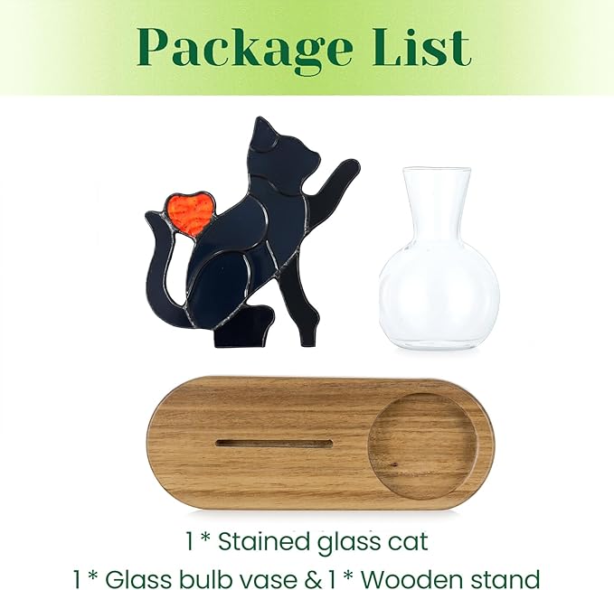 Hewory Handmade Cat Propagation Stations: Black Stained Glass Cat Planter Pot with Wooden Stand for Desktop Decor for Plant Lovers Women