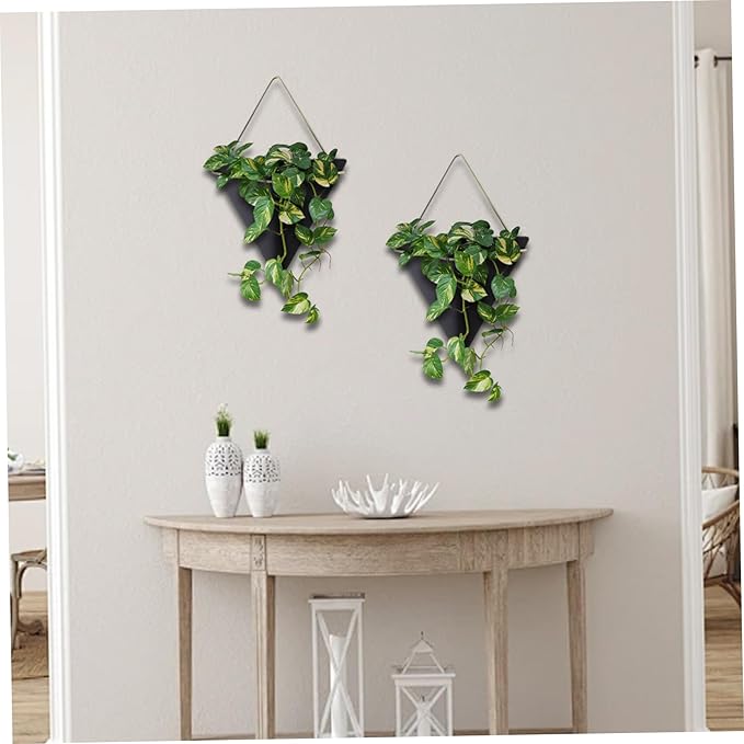 Black Wall Planter, 2Pcs Wall Planter for Indoor Plants, Ceramic Hanging with Metal Frame Geometric Decor for Air Plant Mini Cactus Faux Plants
