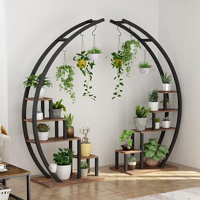 GarveeLife Plant Stand Indoor 5 Tier Tall, Metal Half Moon Plant Shelf 2 Pack, Stylish Tiered Flower Rack for Multiple Plants Display, Tall and Space-Saving Design