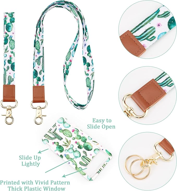 SUNNYCLUE 1 Box ID Badge Holder with Lanyard Vertical Badge Holders Breakaway Rectangle Lanyards for ID Badges Green Cactus Hard Plastic Case 2 Styles Straps with 360 Lobster Clasp Office Name Tags