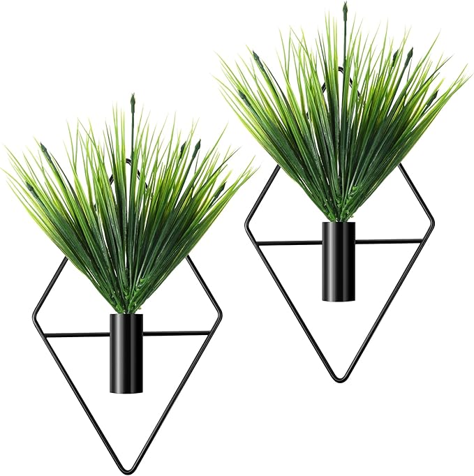 Canlierr 4 Pcs Wall Decor Hanging Planters with Artificial Plants Metal Hanging Vase Indoor Plants Holder Modern Boho Wall Art for Bathroom Bedroom Living Room Decor(Black,Aquatic Plant)