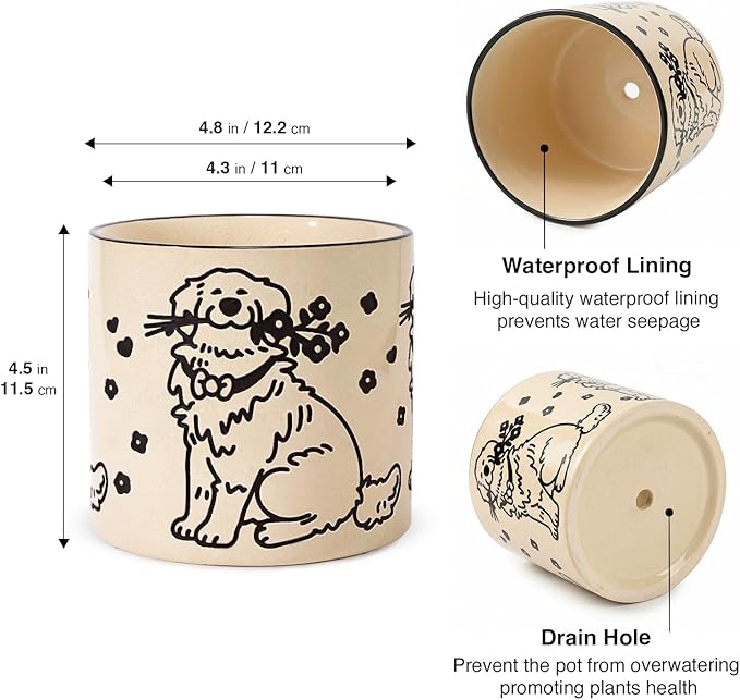 STHIE Indoor Plant Pot 5 Inch - Round Ceramic Planter with Drainage Hole, Hand-Painted Cute Flower Pot for Desktop Office Windowsill, Dog Lover Gift (Resting Dog)