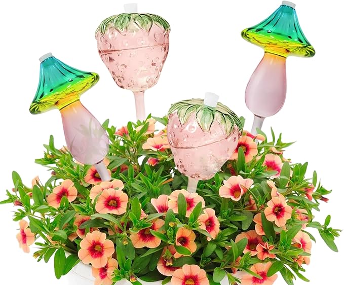 Plant Watering Globes,Glass Watering Bulbs Self Watering Planter Insert Devices 4PCS Plant Waterers for Indoor Plants for Travel Vacation(Mushroom Strawberry Shape)
