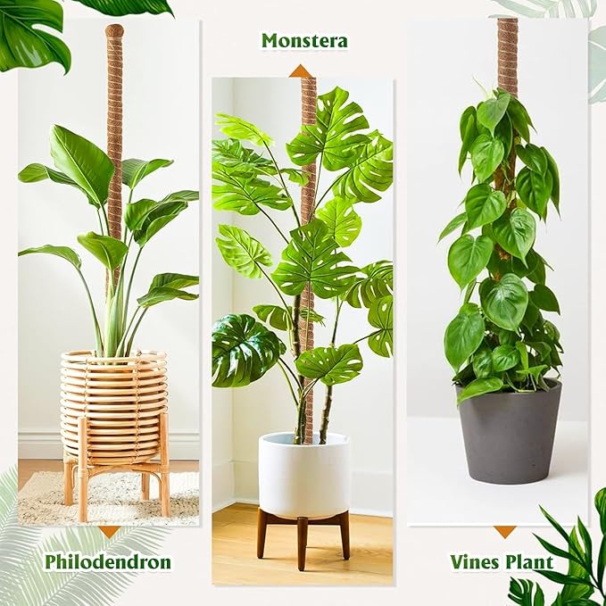 2 Pack 63" Bendable Moss Pole for Plants Monstera, Moss Poles for Climbing Plants Indoor, Coir Plant Pole Sticks Support Stakes for Potted Plant, Pothos, Philodendron Plants