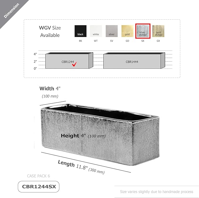WGVI Long Rectangle Ceramic Planter Vase in Silver Etched 12" x 4" x 4"H, Block Rectangular Terrarium Box Pot, Flower Arrangement, Table top Centerpiece, Home Decor Storage Container, Bulk, 6 Pcs.