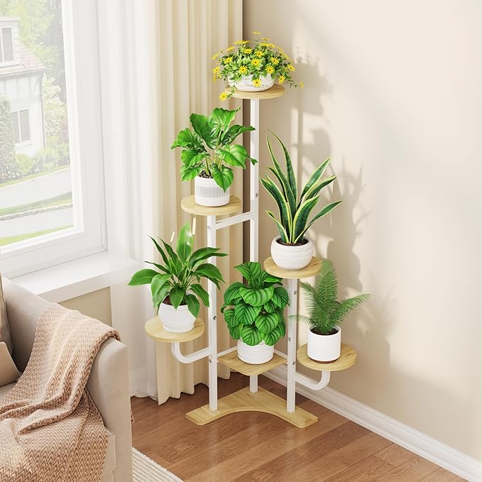 Homsorout Corner Plant Stand with Grow Light - 6 Tier Plant Stand Indoor Round Metal Plant Shelf with Adjustable Light, Plant Organizer for Living Room, Graden, Home Decor (Maple)