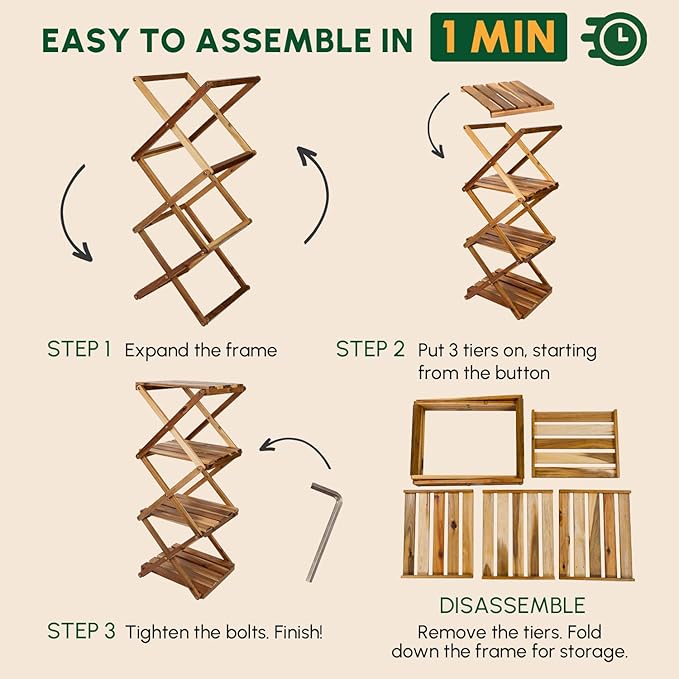 BEEFURNI Acacia Ladder Plant Stand Indoor Corner, Wooden Outdoor Plant Stand 4 Tier, Foldable Multi Tier Plant Stand, Corner Plant Stand Indoor, Tall Plant Rack For Office, Balcony, Patio, 1-year Warranty