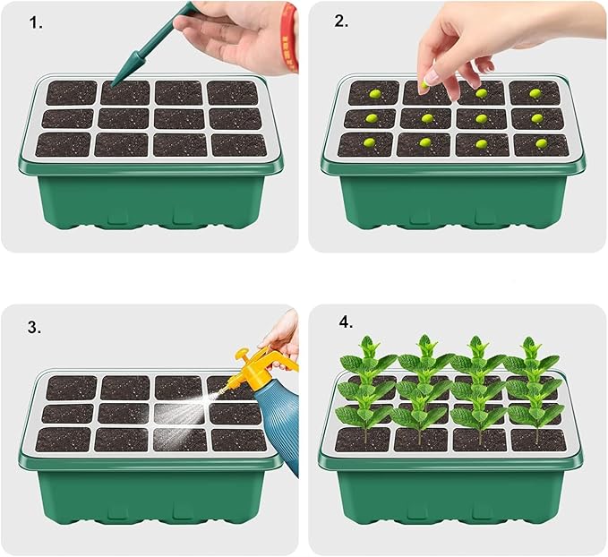 Seed Starter Tray with Grow Light, 5 Pack 60 Cells Seed Starter kit with Humidity Dome and Base, Plant Seedling Trays Indoor Greenhouse Gardening (Green 5 Pack)