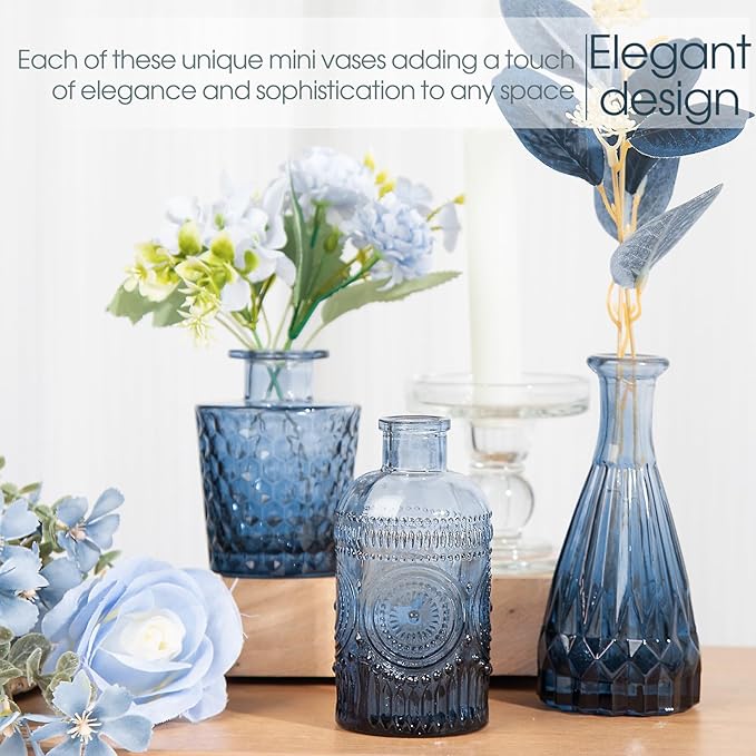 TBWIND 12Pcs Blue Glass Bud Vases Set, Small Vases for Flowers, Perfect for Centerpieces at Parties, Baby Showers, Weddings, Events, Graduation Season, Great Gifts for Office & Home Décor