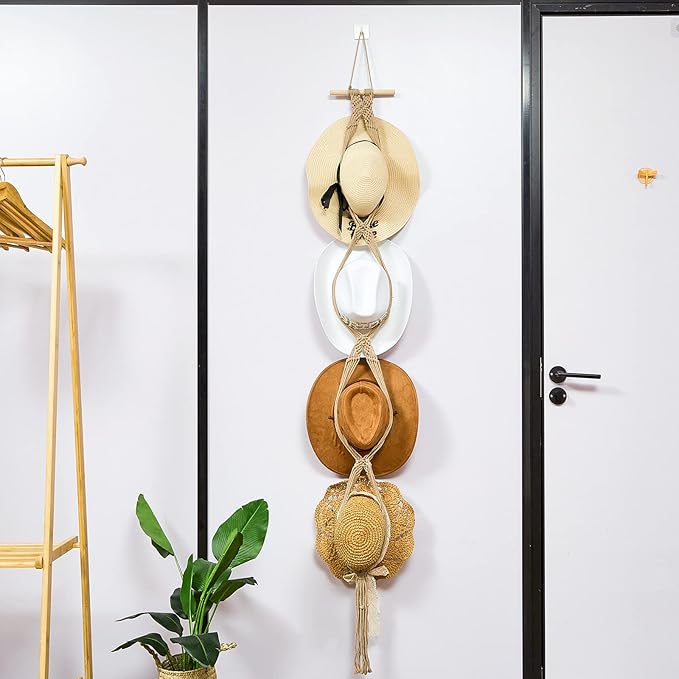 Yulejo Macrame Hat Hangers Boho Hat Rack Cowboy Hat Hanger Back of Door Hat Organizer (Beige,Four Hats Style)