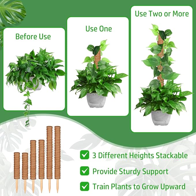 ROADPLUM 102 Inch Moss Pole for Plants Indoor (2*21.7", 2*16.5", 2*12.6") 6Pcs Coco Coir Pole Monstera Plant Support Pole for Plants Climbing with 65.6ft Twist Tie, Plant Tie and Jute Rope for Potted