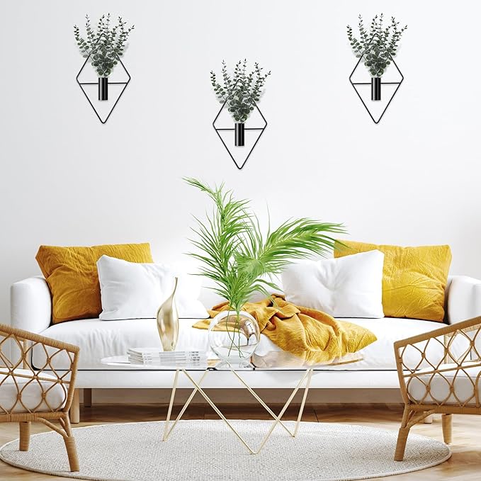 Jexine 4 Pcs Plant Wall Decor Diamond Shape Hanging Planters with Artificial Plants Geometric Wall Decor Metal Hanging Vase Indoor Holder for Living Room Bathroom Home(Eucalyptus)