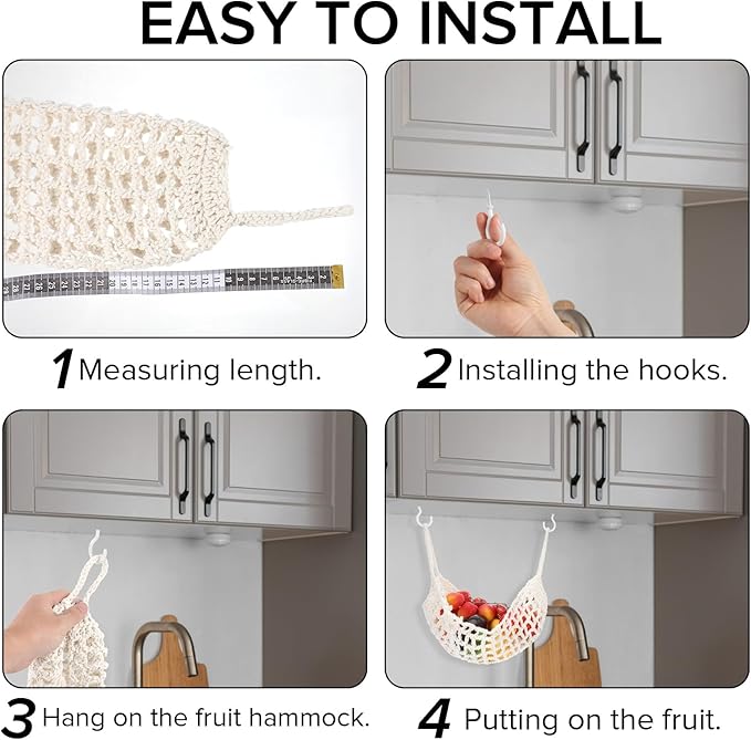 Hanging Fruit Hammock Under Cabinet Macrame Basket for Kitchen with Hooks Hand-Woven Boho Fruit Holder Net Organization Banana Basket for Home Dining Room Cabinet Decor Boat Camper Rv
