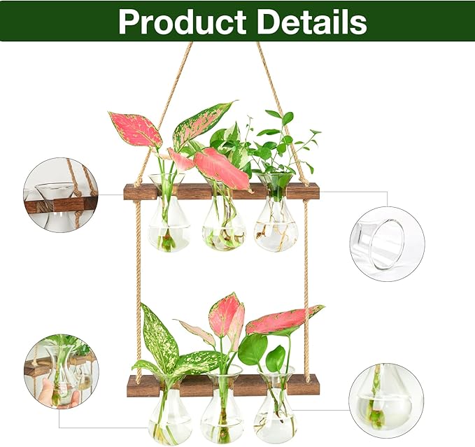 XXXFLOWER Wall Hanging Propagation Station with Wooden Stand 3 Bulb Vase 2 Tiers Planters Wall Terrarium for Home Office Plant Hanger Flower Vases Wall Decor(Brown)
