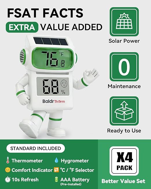 BALDR 4-Pack Digital Hygrometer Thermometer, Solar Power with Battery Backup Temperature and Humidity Monitor, Mini Room Thermometer with Comfort Indicator (White)