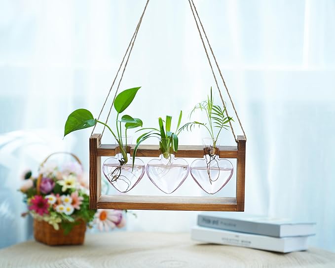 Kingbuy 3-Heart Plant Terrarium Kit with Vintage Wood Stand - Stained Glass Vase Propagation Station, Wall-Mounted & Tabletop Indoor Decor for Home Kitchen Wedding Gift, Light Pink