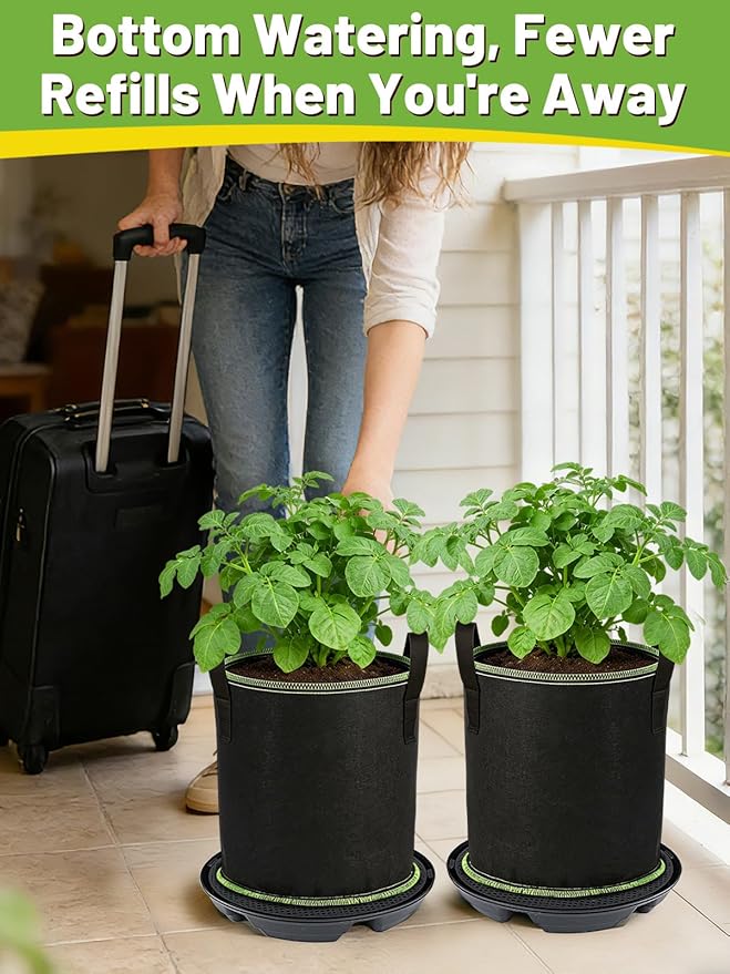 MADHOLLY Self Watering Pots for Indoor Plants with Grow Bags - 2 Pack 5 Gallon Thick Fabric Auto Irrigation Planter with Portable Handles, Water Storage Saucer, for Outdoor Vegetables, Herbs, Flower