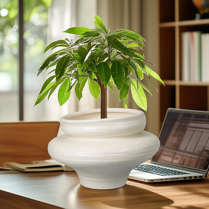 Ceramic Plant Pots 11 Inch - Bonsai Large Planters for Indoor Plants with Drainage Hole, White Planter for Home Garden Patio Office, Gift for Women Men