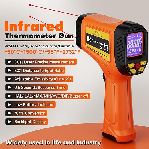 Dual-Laser Infrared Thermometer, -58°F to 2732°F (-50°C to 1500°C) Temperature Gun, 50:1 Non-Contact Temp Gun for Metal Smelting, Furnace, HVAC, Pizza Oven & Engine Diagnostics