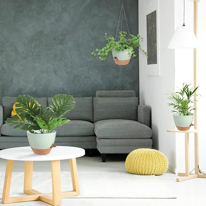 Vanslogreen Hanging Planters for Indoor Outdoor Plants, 2 Pack Self Watering Hanging Pot with Drainage Holes & Removable Tray (Green, 8'')
