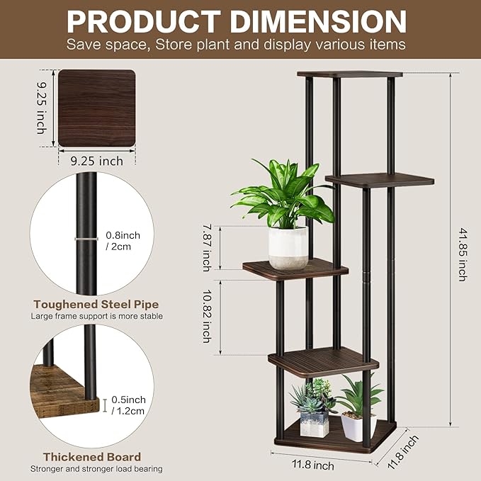 5 Tier Plant Stand Indoor, Thickened Metal Wood Corner Plant Shelf Stands for Multiple Plants, Indoor Tall Plants Stand Tiered Flower Holder for Living Room Patio Garden Balcony(Black+Oak)