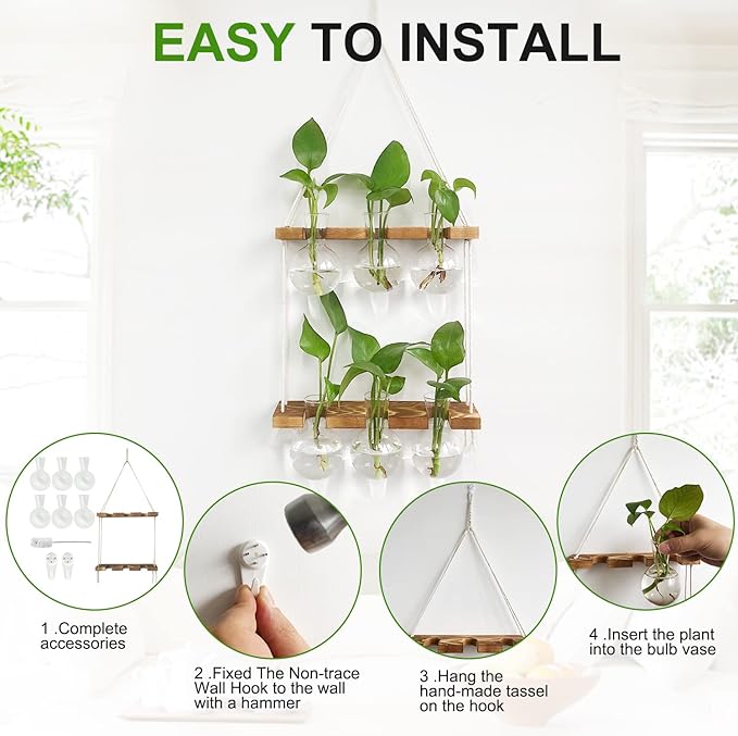 Renmxj Plant Propagation Station Wall Hanging, Plant Terrarium with 2 Tiered Wooden Stand for Hydroponics Plants, Unique Gardening Gifts for Women Mom Plants Lovers - 6 Bulb Glass Vases