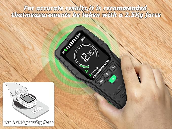 Pinless Moisture Meter for Wall,Floor – Digital Moisture Tester with 3-Color LCD Display, Audible Alarm & HOLD Function – Ideal for Home Inspections (Red_green)