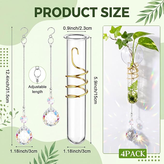 Zhehao 4 Set Window Hanging Propagation Stations 5.9'' Plastic Propagation Vases with Suction Cup & Crystal Pendants, Propagated Plant Holder Wall Jars for Home Office Garden Decoration Lover Gift
