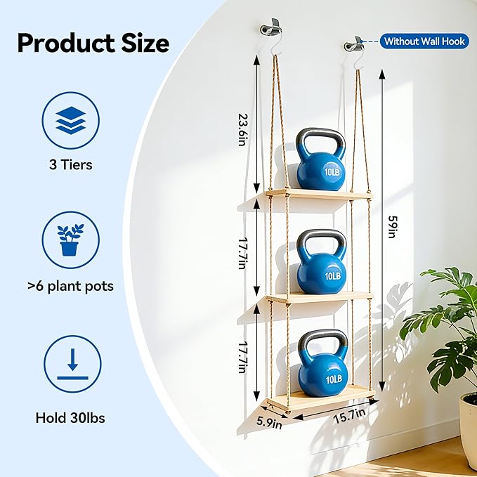 3 Tier Window Plant Shelves, Hanging Wood Floating Shelves for Living Room Bedroom Small Windows, Space-Saving Window Sill Shelf Indoor for Succulents, Herbs