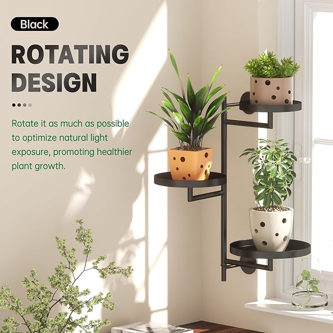 YQSLYSF Window Rotating Plant Stand Shelf Indoor Black Metal Floating Shelves 3-Tier Wall Mount Plant Holders for Living Room Wall Planter Modern Home Decor for Gardening