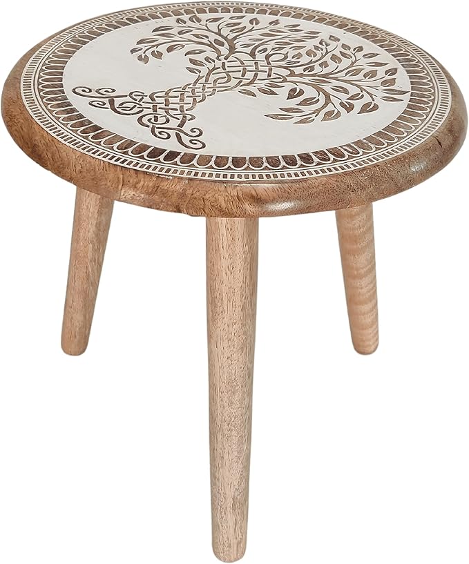 VANIYA CRAFTS® Wooden Engraved Fold-able Side Table/End Table/Plant Stand/Stool for Living Room Bedroom Restaurant Kids Play Furniture Table Round Shape (Natural White 3)