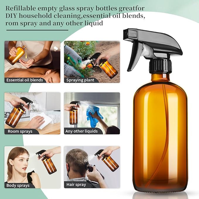 GIVAMEIHF 16oz Amber Glass Spray Bottles,2 Pack Glass Spray Bottles Refillable Empty Bottle with Adjustable Nozzle,Spray Bottle for Essential Oils,Cleaning,Pets,Hair Mister