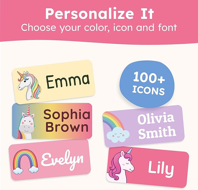 Personalized Name Labels for Kids (140 Labels) - Durable & Waterproof Custom Name Stickers for Clothing Tags, School Supplies, Camp & Daycare - Dreamy Unicorns (1.2”x0.5”)