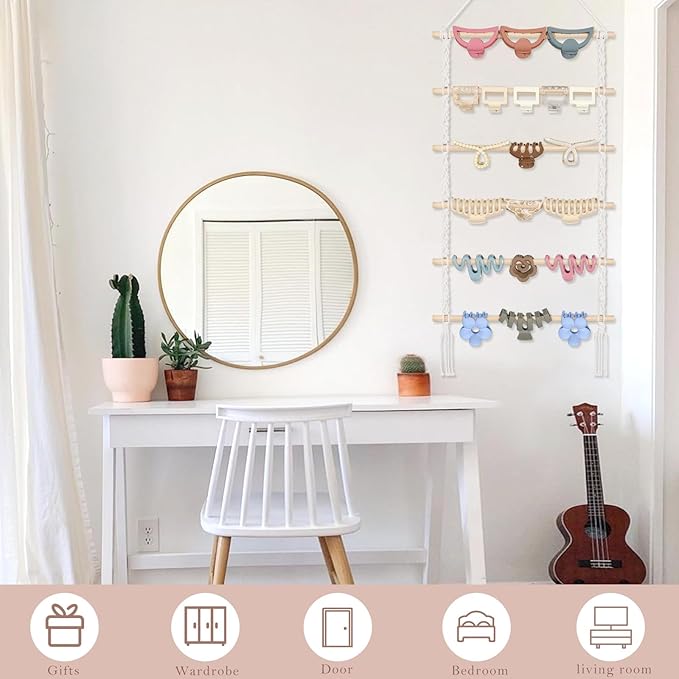 SNOWSTAR Macrame Hair Claw Clip Organizer,Hanging Hair Clip Holder and Storage for Women Girls,Claw Clip Hanger Home Decor for Wall,Door,Closet