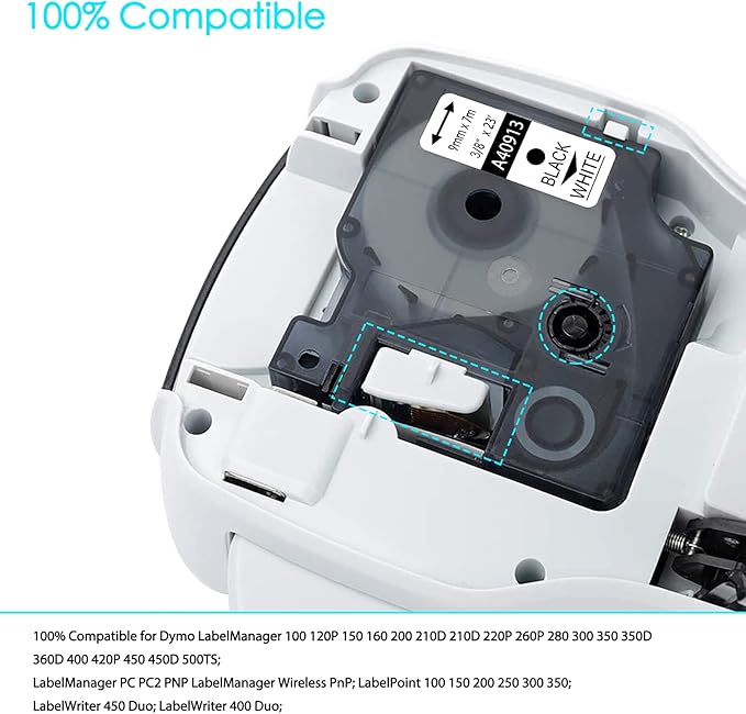 GREENCYCLE 5 Pack 40913 D1 Label Maker Refills S0720680 Black on White Tape Compatible for DYMO LabelManager 210D 220P 260P 280 420P LM160 350 360D 450 COLORPOP LMPnP LP250, 3/8" (9mm) x 23ft (7m)