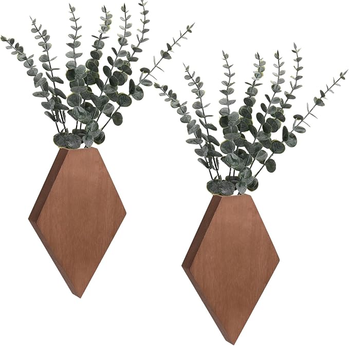 Chunful 2 Pcs Wooden Wall Planter Decor Hanging Faux Plants Greenery Flowers Holder Vase Boxes for Wall Bohemian Farmhouse Room Kitchen Office Indoor Decoration(Walnut Color,9.8 x 6.6 x 1.2 Inches)