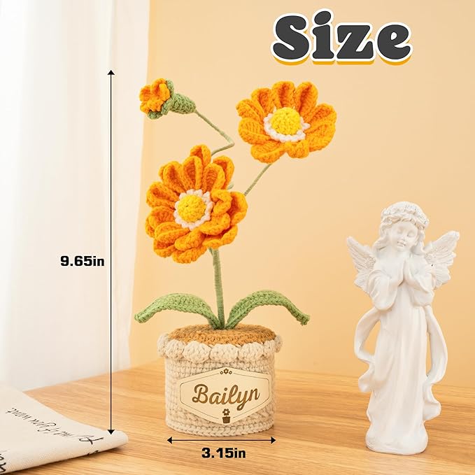 Crochet Flowers with Personalized Leather Name Tag Handmade Knitted Flowers for Home Office Desk Decor Crochet Zinnia Potted Plant for Women Crochet Everlasting Flower Birthday Gifts(Orange)