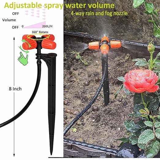Drip Irrigation Kit Automatic Watering System with Water Timer 64FT 1/4 Tubing and 12 Rain Spray Watering Nozzles in 4 Directions for Potted Plants Yard Lawn Juvenile Plants Greenhouse Mist