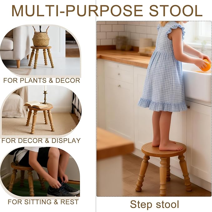 100% Solid Wooden Step Stool, Small Wooden Stool for Adults, Wood Plant Stools, Small Round Stool for Bathroom, Kitchen, Bedroom, Plant Stand