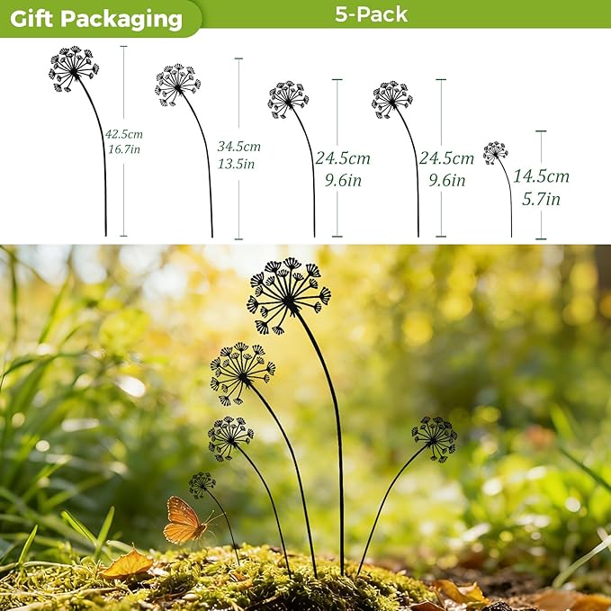 KODIBO 5-Pack Black Dandelion Metal Garden Stakes Outdoor Decor, Matte Powder-Coated Yard Stakes Set, Metal Yard Art, Modern Minimalist Garden Accents for Lawn, Borders, Planters, Porch & Patio