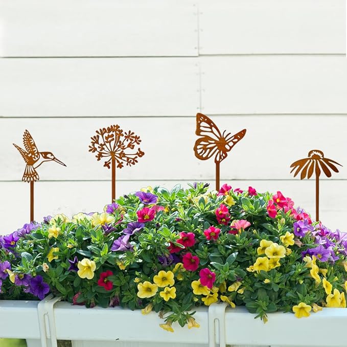 4Pcs Decorative Garden Stakes Plant Stakes Rusty Metal Flowers Hummingbird and Butterfly Garden Decor for Indoor Outdoor Patio Lawn Yard Art 14.18"