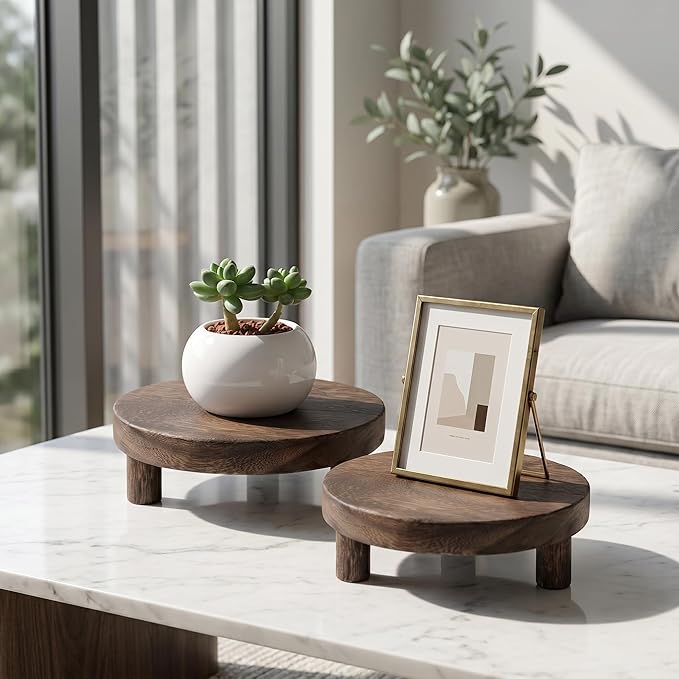 2 Pack Wood Riser Set, 7.8 Inch Natural Wooden Display Stand for Plants Candles Jewelry, Sturdy Elevated Plant Stand with Foot Pads for Kitchen Living Room Bathroom, Rustic Home Decor Gift (Dark Brown)