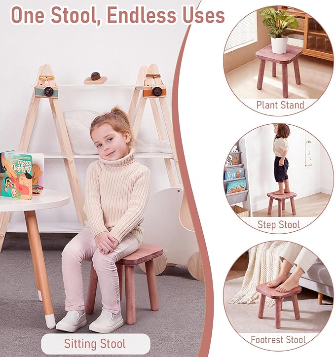 9.3 Inch Small Wooden Step Stool for Adults, Solid One Step Wood Stools Holds up to 300 Lbs, Square Plant Stand Sitting Stool Footstool for Kitchen Bathroom Living Room