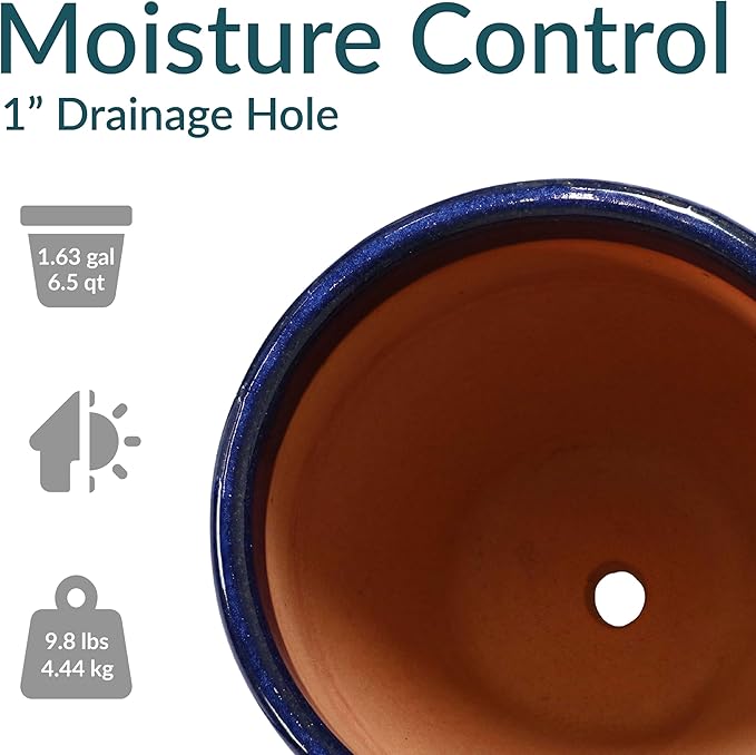 Sunnydaze Round Resort Ceramic Planter - Set of 2 Indoor or Outdoor Plant Pots with Drainage Hole - 10" - Imperial Blue Glaze