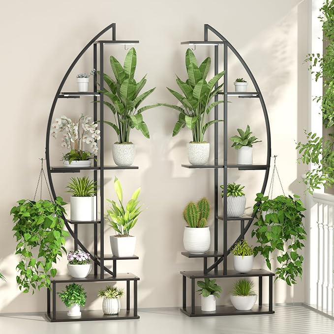 Plant Stand Shelf Indoor with 6 Grow Light, 7 Tiered 65" Tall Black Large Half Moon Lighted Plant Rack Holder, 2 Pack Big High Circular Arch Multi Herb Stand with Built in LED Grow Light Set