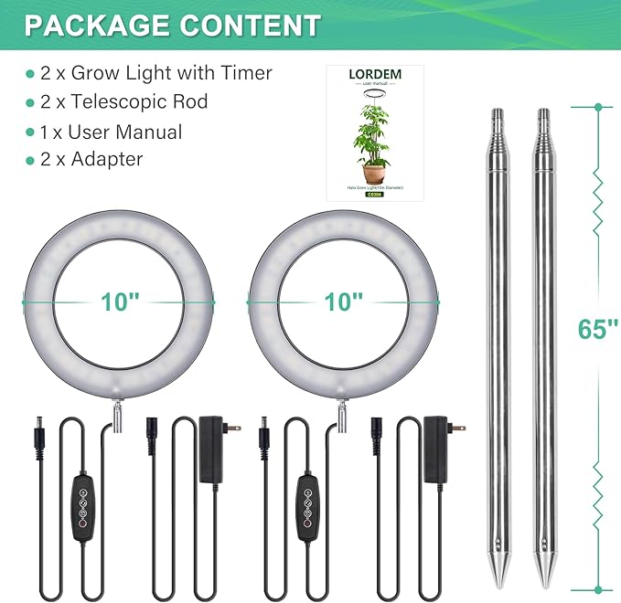LORDEM 10.2" Full Spectrum Plant Light, 160 LEDs Large Grow Light for Indoor Tall Plants, Growing Lamp with 4/8/12H Auto Timer, 6 Dimmable Levels, 3 Spectrum Modes, 65" Height Adjustable, Pack of 2
