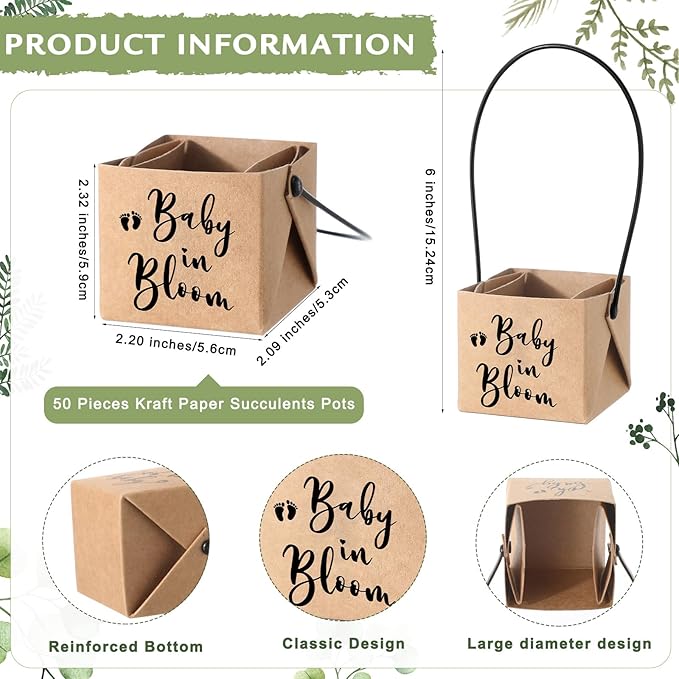 Geetery 101 Pcs Succulent Baby Shower Party Favors for Guests Include 1 Wooden Table Sign 50 Kraft Succulent Pots and 50 Tags for Baby Shower Party Gifts(Woodland)