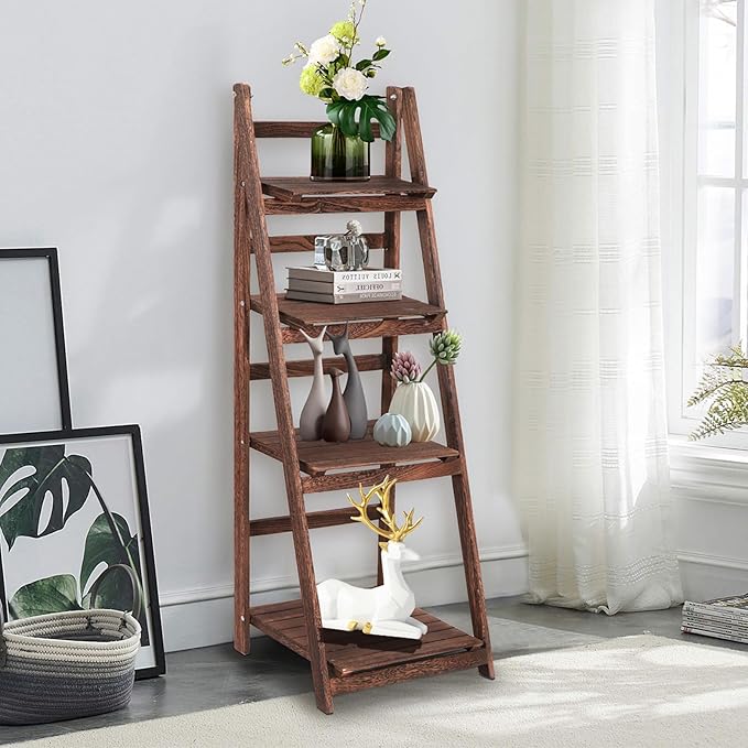 Funkeen 4 Tier Wooden Ladder Shelf, Decorative Freestanding Leaning Display Bookshelf, Folding Indoor & Outdoor Plant Stand Rustic Storage Rack Shelves for Living Room, Bathroom, Balcony, Kitchen