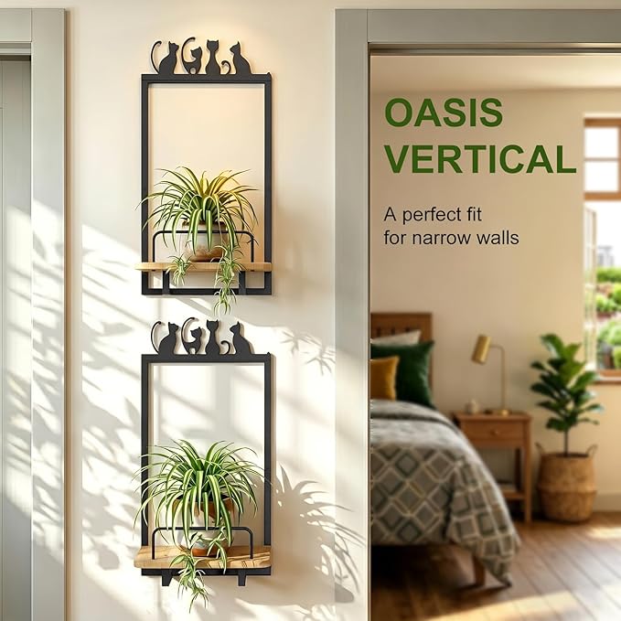Shineled Wall Planter for Indoor Plants 2 Pack, Wall Mounted Plant Holder for Small Plants, Floating Wall Shelf for Plants, Real Oak Wood, Magnetic Animal Decor, Home Wall Decor (Cat)